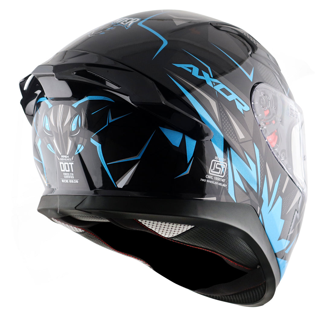 Motorcycle full face helmet black neon blue hunter graphics with pinlock and sun-visor