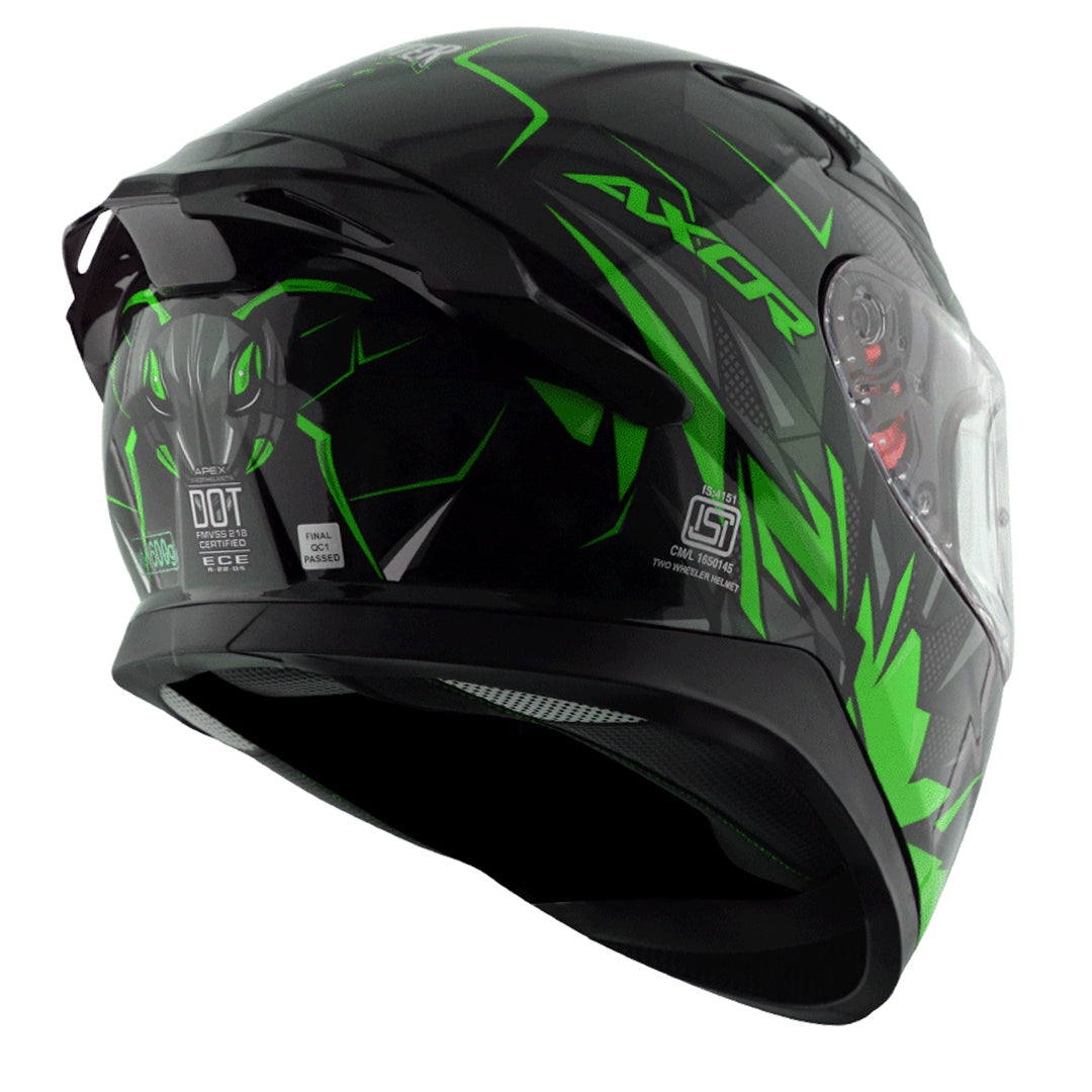 Motorcycle full face helmet black neon green  hunter graphics with pinlock and sun-visor