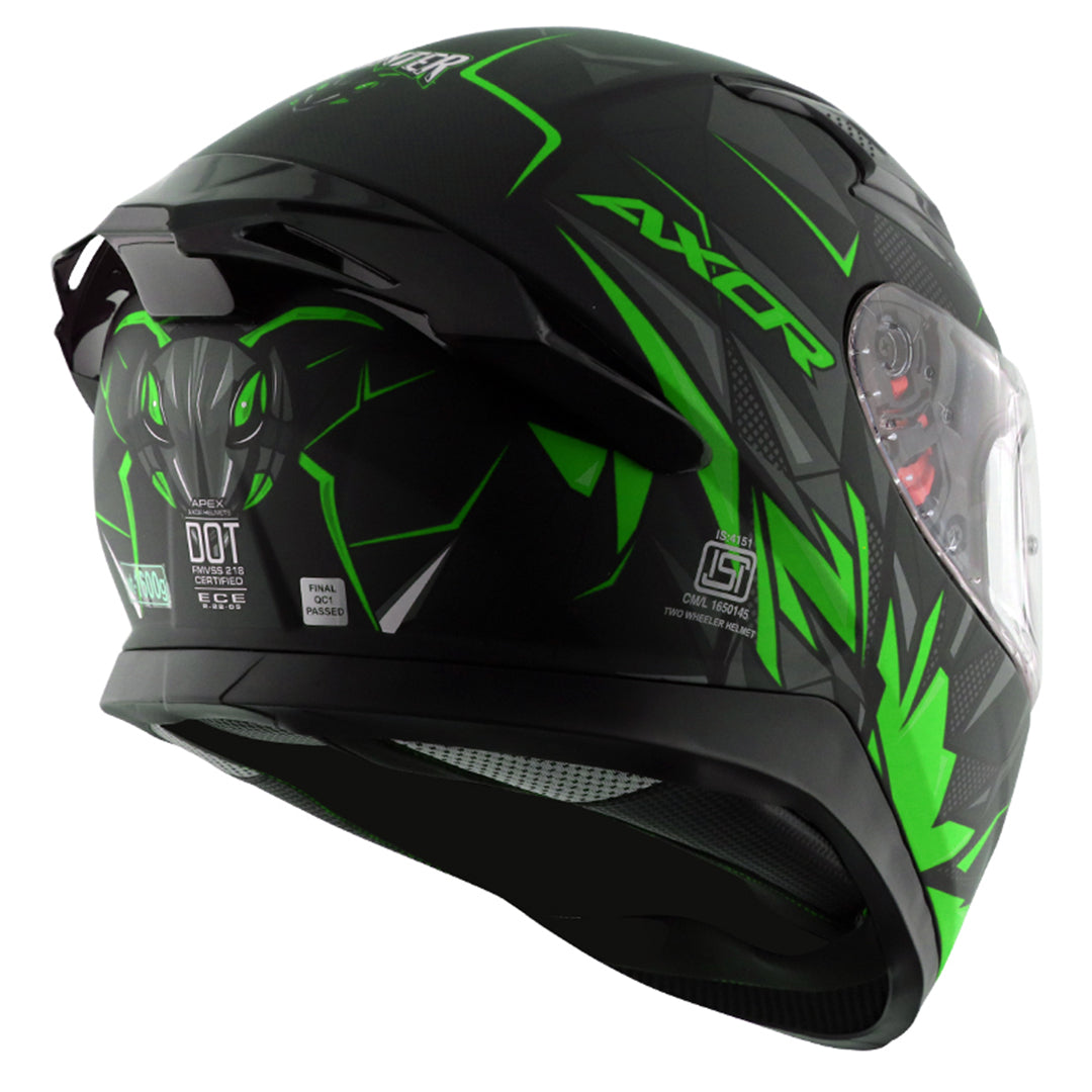 Motorcycle full face helmet dull black neon green  hunter graphics with pinlock and sun-visor