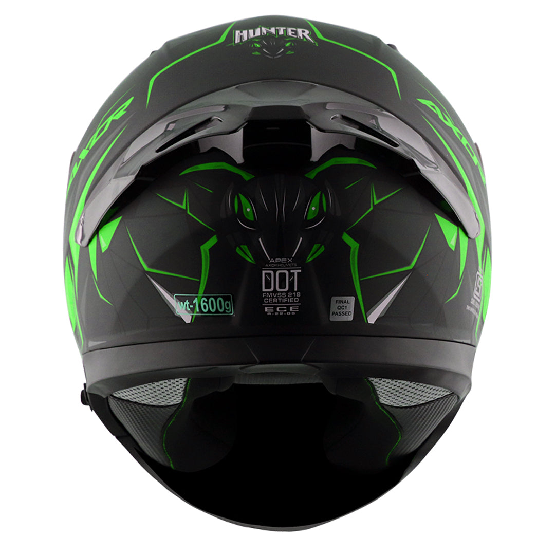 Motorcycle full face helmet dull black neon green  hunter graphics with pinlock and sun-visor