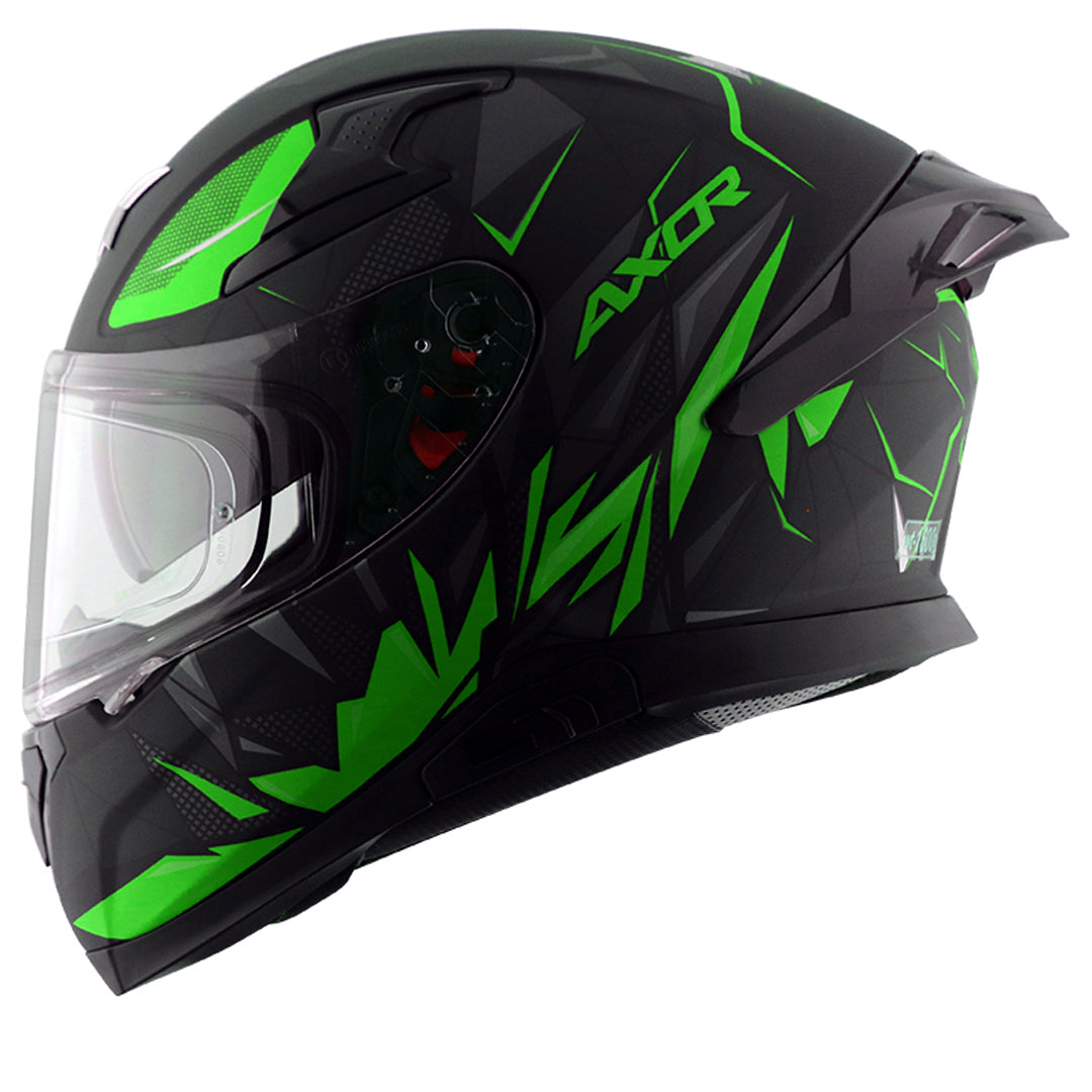 Motorcycle full face helmet dull black neon green  hunter graphics with pinlock and sun-visor