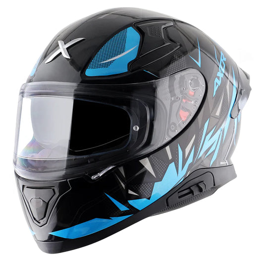 Motorcycle sports helmet blue eyes with black and blue geometric design 