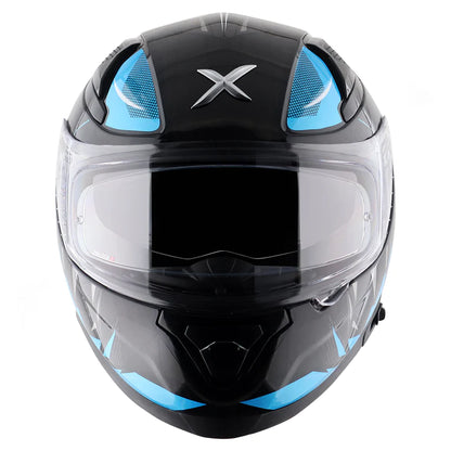 Motorcycle sports helmet blue eyes with black and blue geometric design 