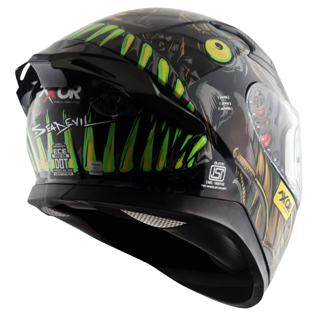 Motorcycle full face helmet seadevil graphic black gold sun-visor pinlock