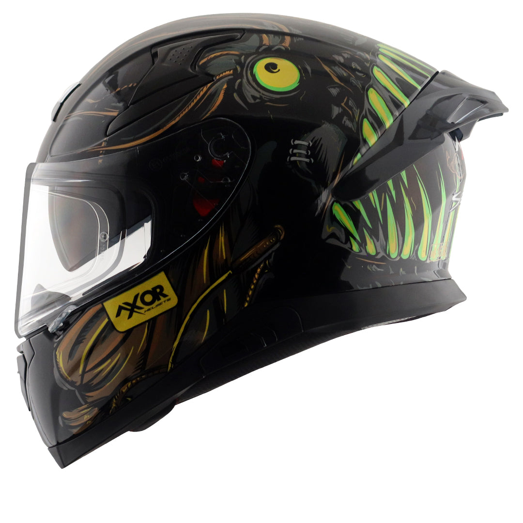 Motorcycle full face helmet seadevil graphic black gold sun-visor pinlock