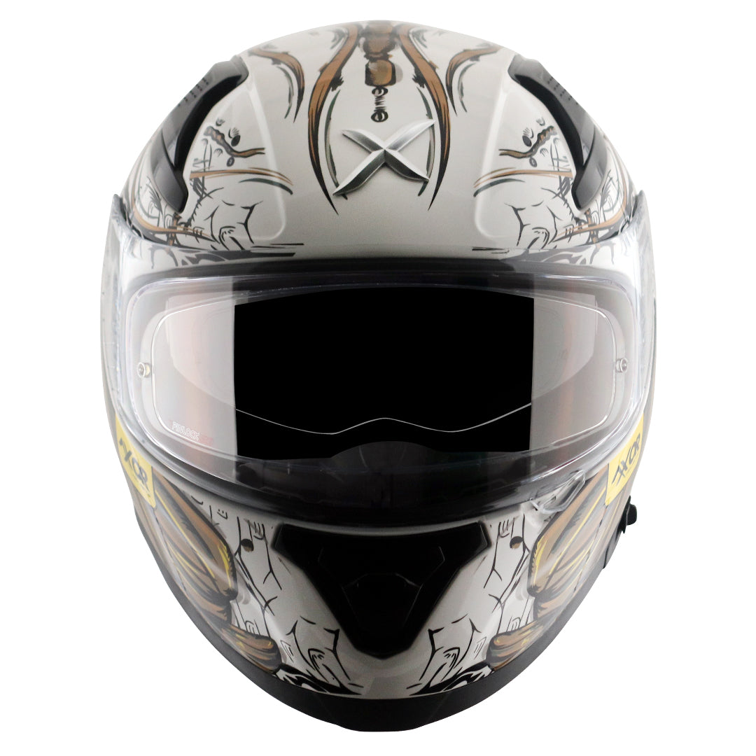 Motorcycle full face helmet seadevil graphic white gold sun-visor pinlock