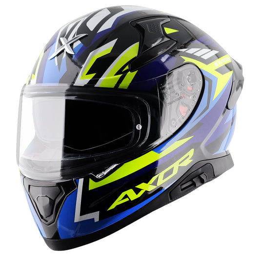 Motorcycle full face helmet blue shades with green and black geometric graphic pinlock sun-visor