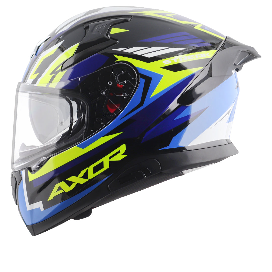 Motorcycle full face helmet blue shades with green and black geometric graphic pinlock sun-visor