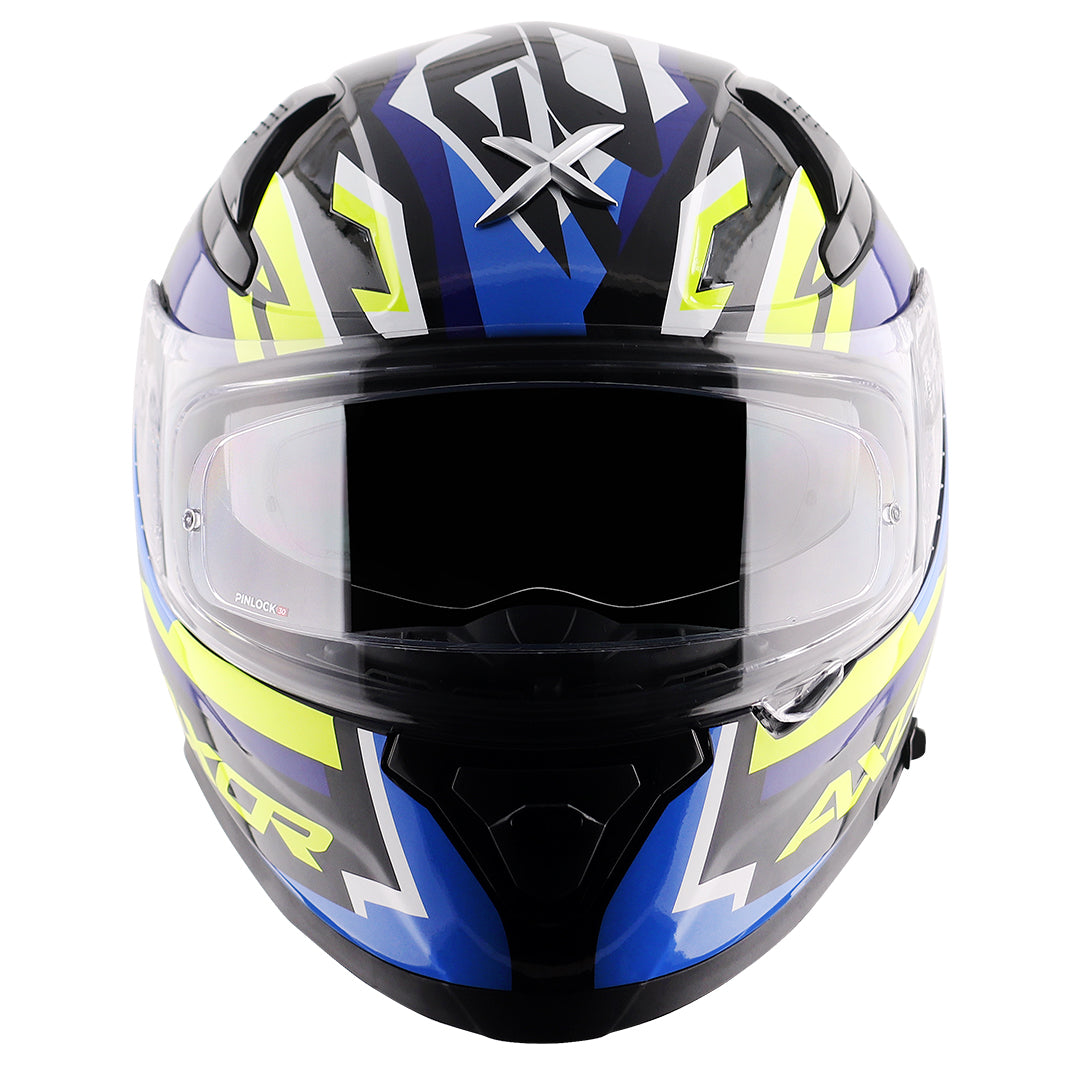Motorcycle full face helmet blue shades with green and black geometric graphic pinlock sun-visor