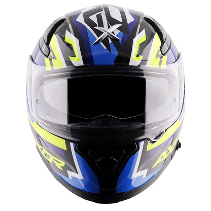 Motorcycle full face helmet blue shades with green and black geometric graphic pinlock sun-visor