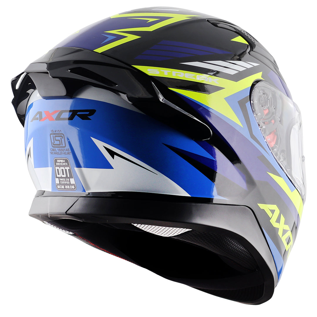 Motorcycle full face helmet blue shades with green and black geometric graphic pinlock sun-visor