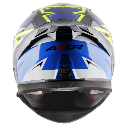 Motorcycle full face helmet blue shades with green and black geometric graphic pinlock sun-visor