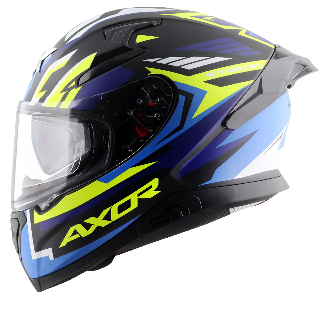Motorcycle full face helmet matt blue shades with green and black geometric graphic pinlock sun-visor