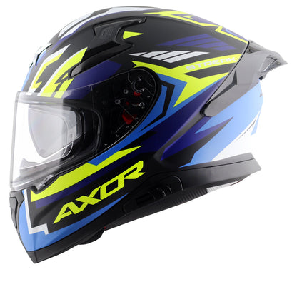 Motorcycle full face helmet matt blue shades with green and black geometric graphic pinlock sun-visor