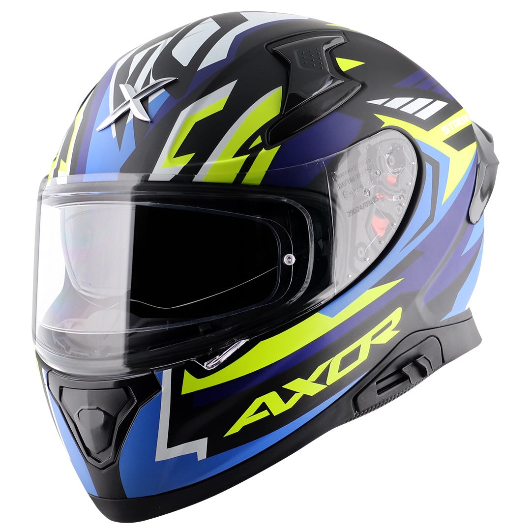 Motorcycle full face helmet matt blue shades with green and black geometric graphic pinlock sun-visor
