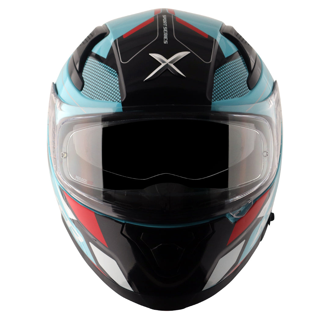 Motorcycle full face helmet sky blue with black white red pinlock and sun-visor incl. 