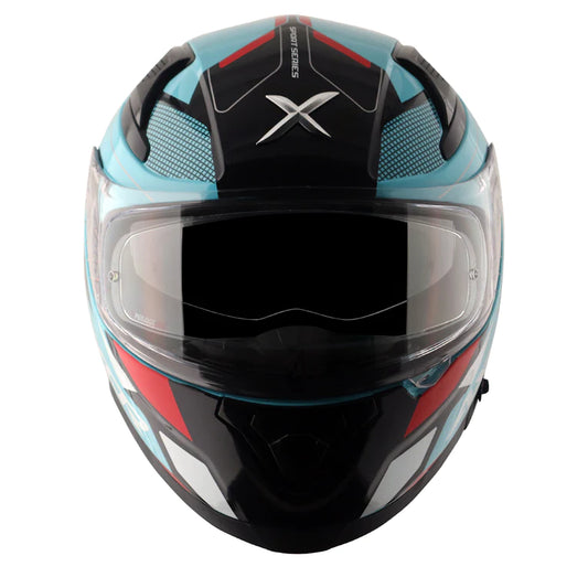 Motorcycle full face helmet blue and black with red pattern graphic