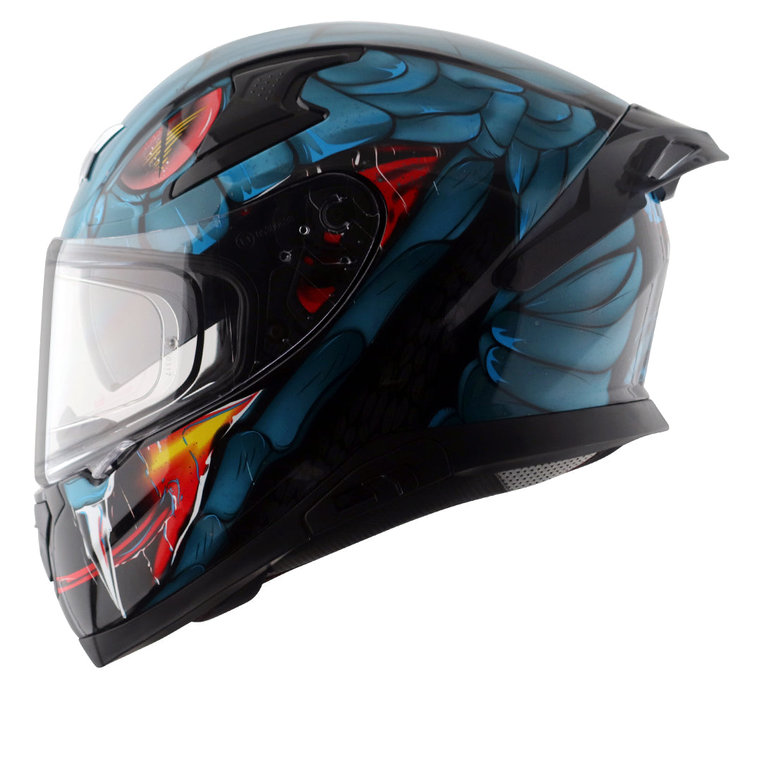 Motorcycle full face glossy black blue red snake eyes and fangs graphic - ISI ECE