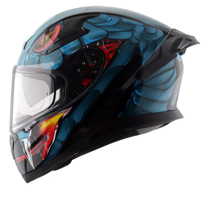 Motorcycle full face glossy black blue red snake eyes and fangs graphic - ISI ECE