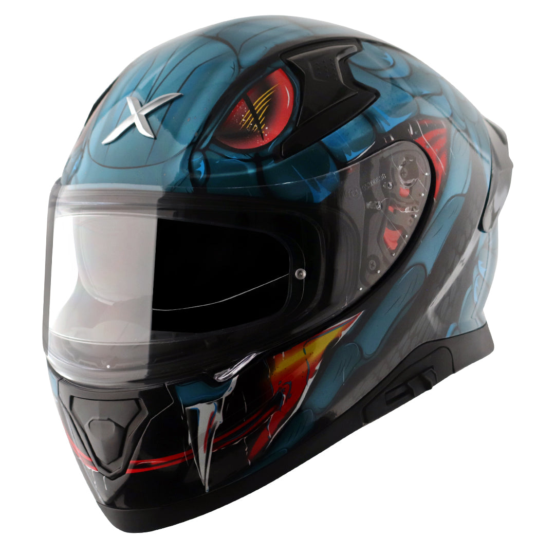 Motorcycle full face glossy black blue red snake eyes and fangs graphic - ISI ECE