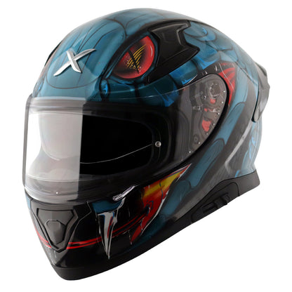 Motorcycle full face glossy black blue red snake eyes and fangs graphic - ISI ECE