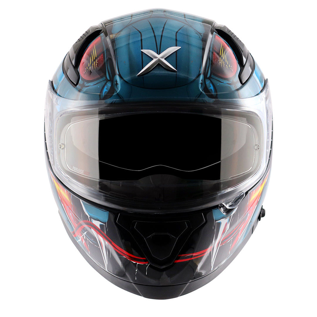 Motorcycle full face glossy black blue red snake eyes and fangs graphic - ISI ECE