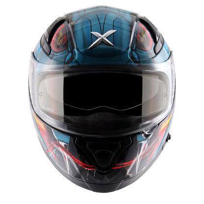 Motorcycle full face glossy black blue red snake eyes and fangs graphic - ISI ECE