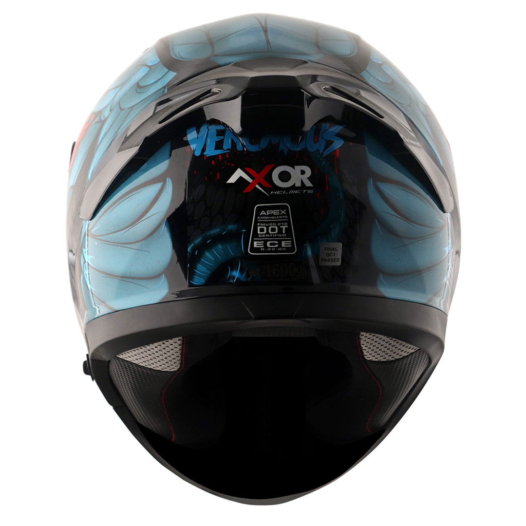 Motorcycle full face glossy black blue red snake eyes and fangs graphic - ISI ECE