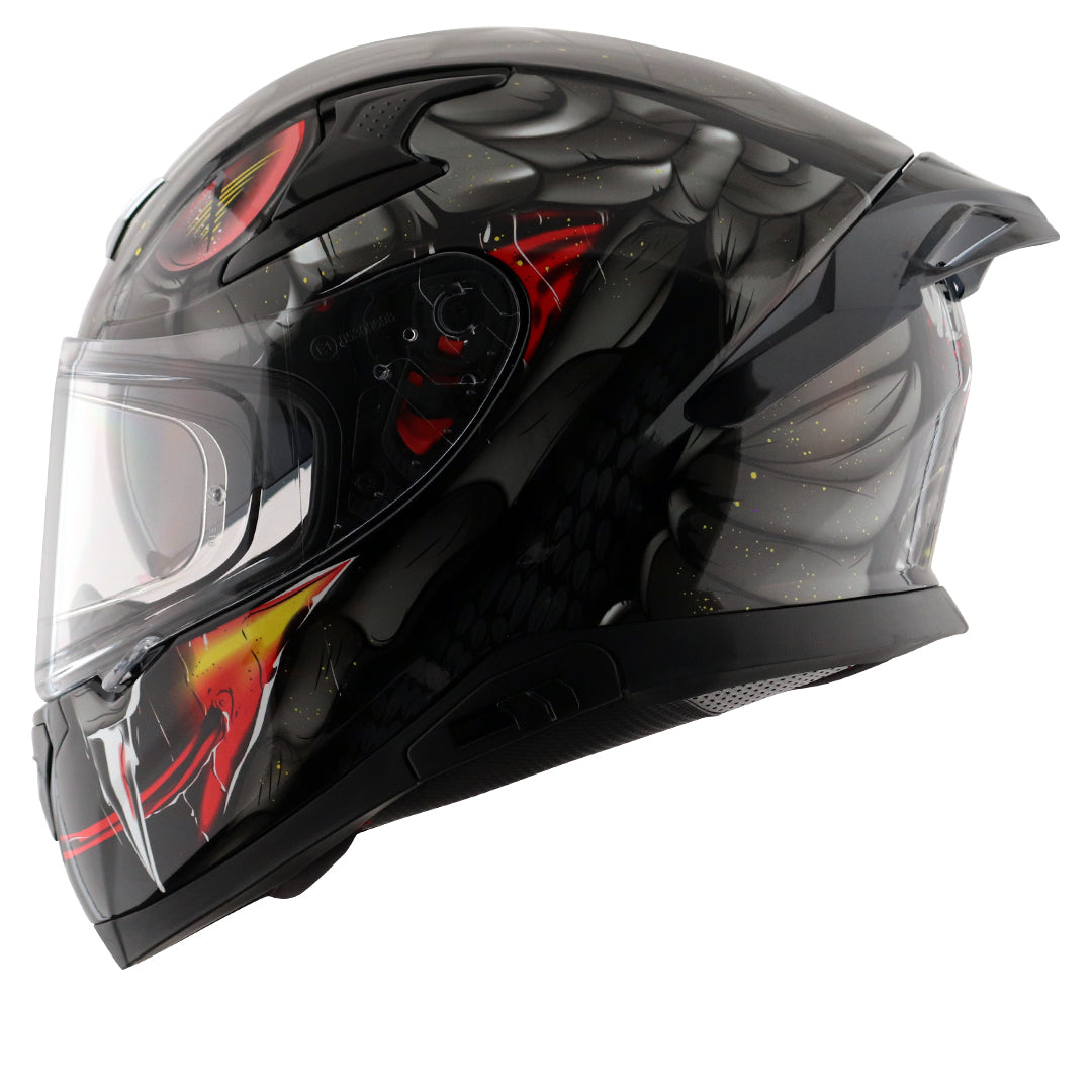 Motorcycle full face glossy black red snake eyes and fangs graphic - ISI ECE