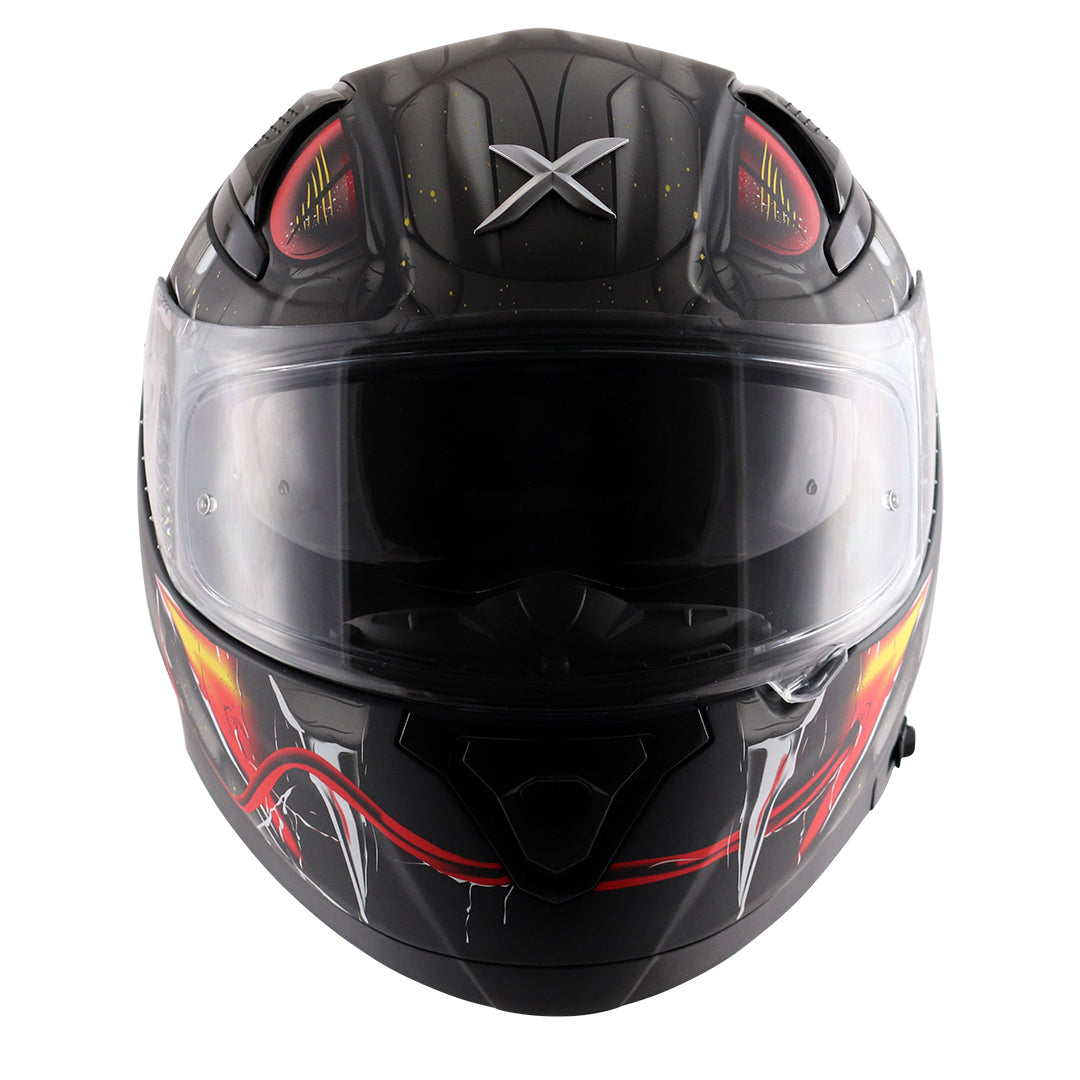 Motorcycle full face glossy black red snake eyes and fangs graphic - ISI ECE