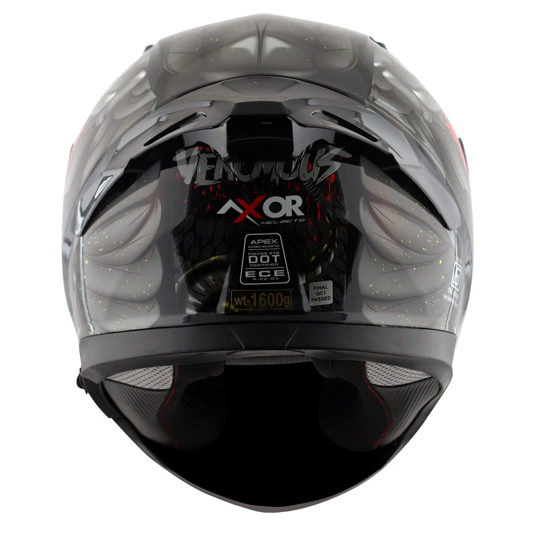 Motorcycle full face glossy black red snake eyes and fangs graphic - ISI ECE