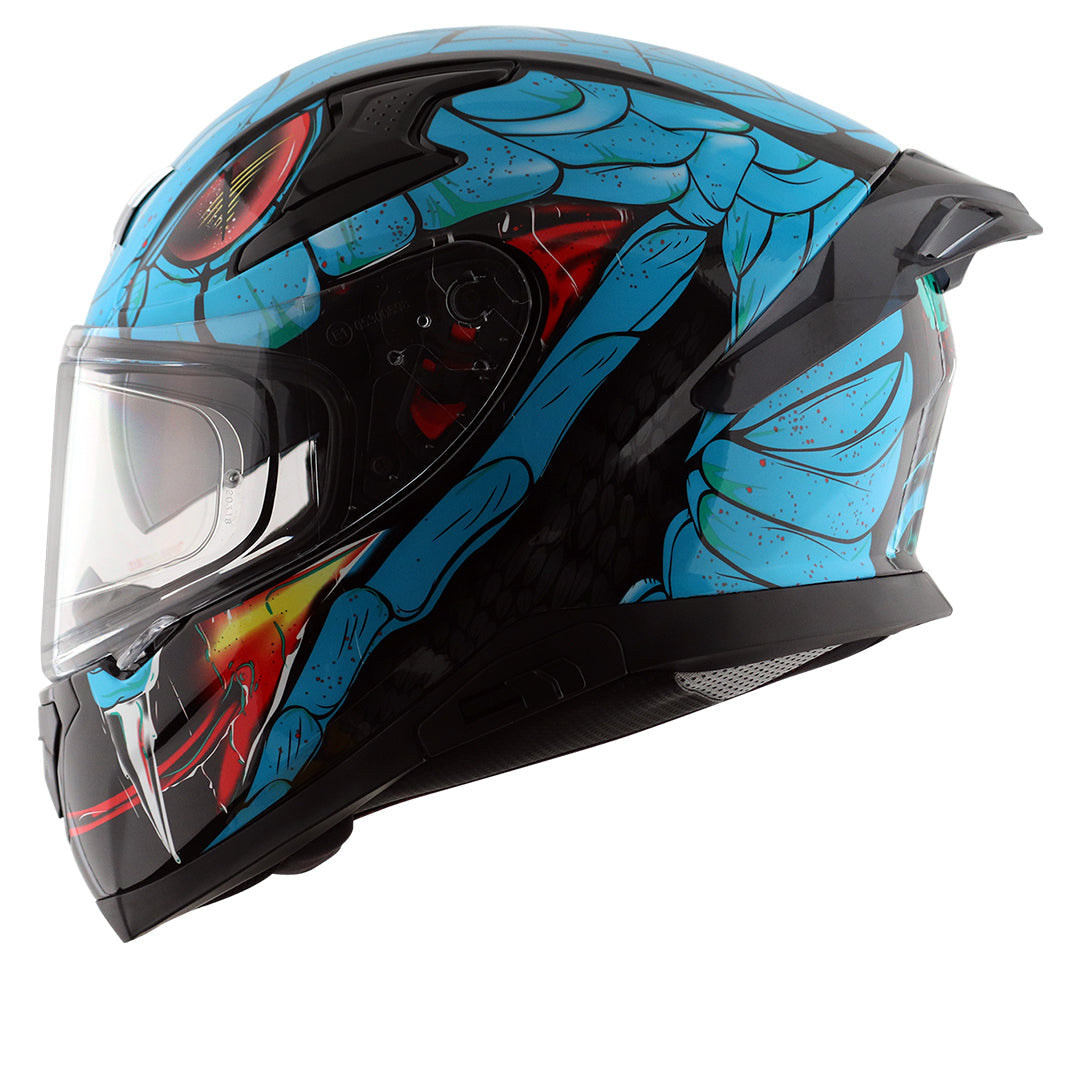 Motorcycle full face glossy black neon blue red snake eyes and fangs graphic - ISI ECE
