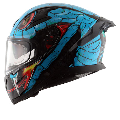 Motorcycle full face glossy black neon blue red snake eyes and fangs graphic - ISI ECE
