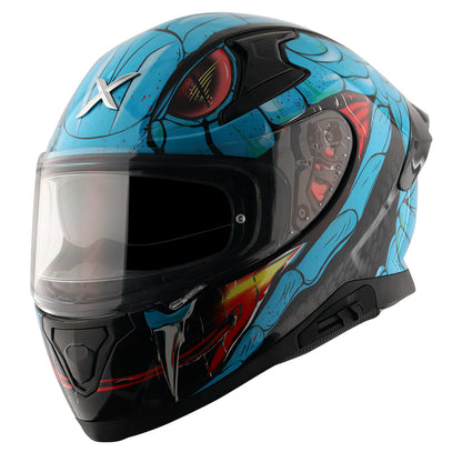 Motorcycle full face glossy black neon blue red snake eyes and fangs graphic - ISI ECE