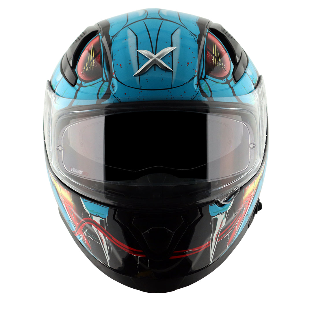 Motorcycle full face glossy black neon blue red snake eyes and fangs graphic - ISI ECE