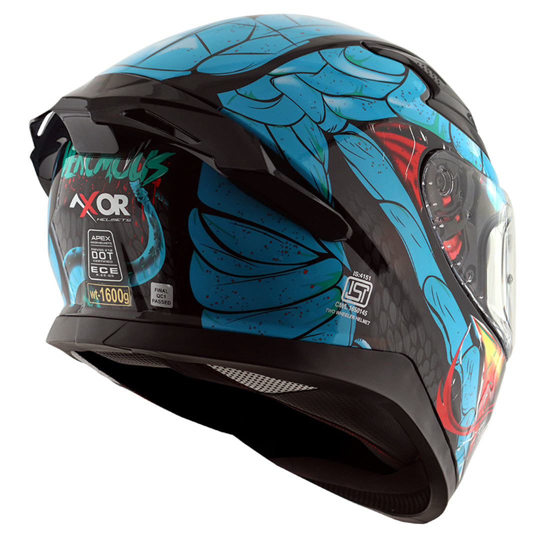 Motorcycle full face glossy black neon blue red snake eyes and fangs graphic - ISI ECE