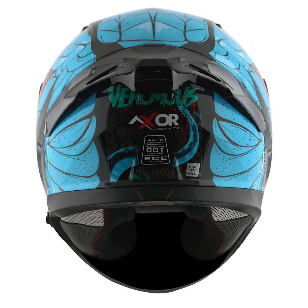 Motorcycle full face glossy black neon blue red snake eyes and fangs graphic - ISI ECE