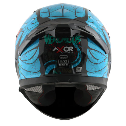 Motorcycle full face glossy black neon blue red snake eyes and fangs graphic - ISI ECE
