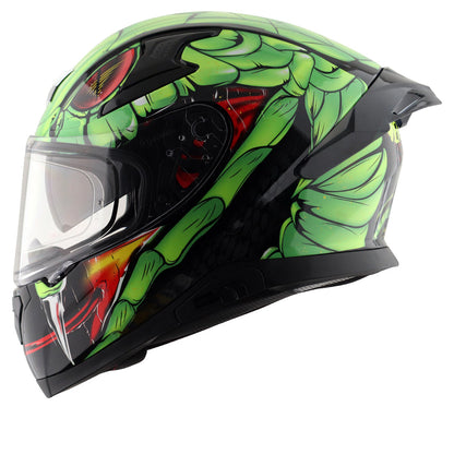 Motorcycle full face glossy black neon green red snake eyes and fangs graphic - ISI ECE