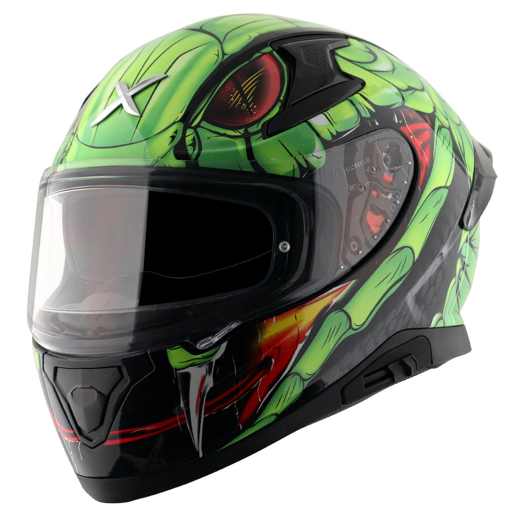Motorcycle full face glossy black neon green red snake eyes and fangs graphic - ISI ECE