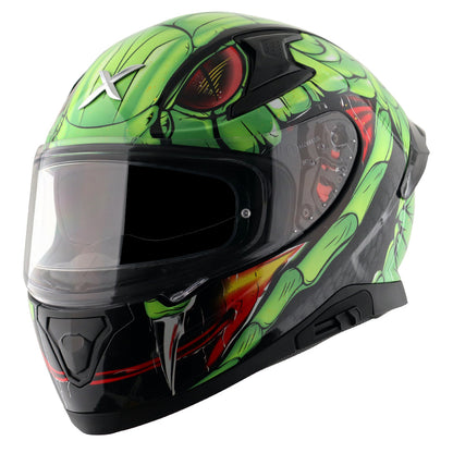 Motorcycle full face glossy black neon green red snake eyes and fangs graphic - ISI ECE
