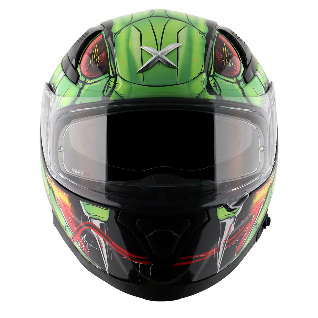 Motorcycle full face glossy black neon green red snake eyes and fangs graphic - ISI ECE