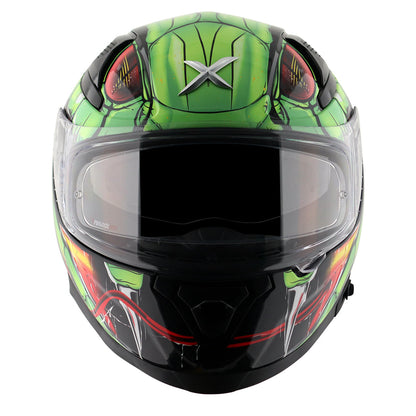 Motorcycle full face glossy black neon green red snake eyes and fangs graphic - ISI ECE