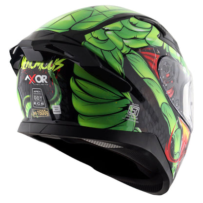 Motorcycle full face glossy black neon green red snake eyes and fangs graphic - ISI ECE