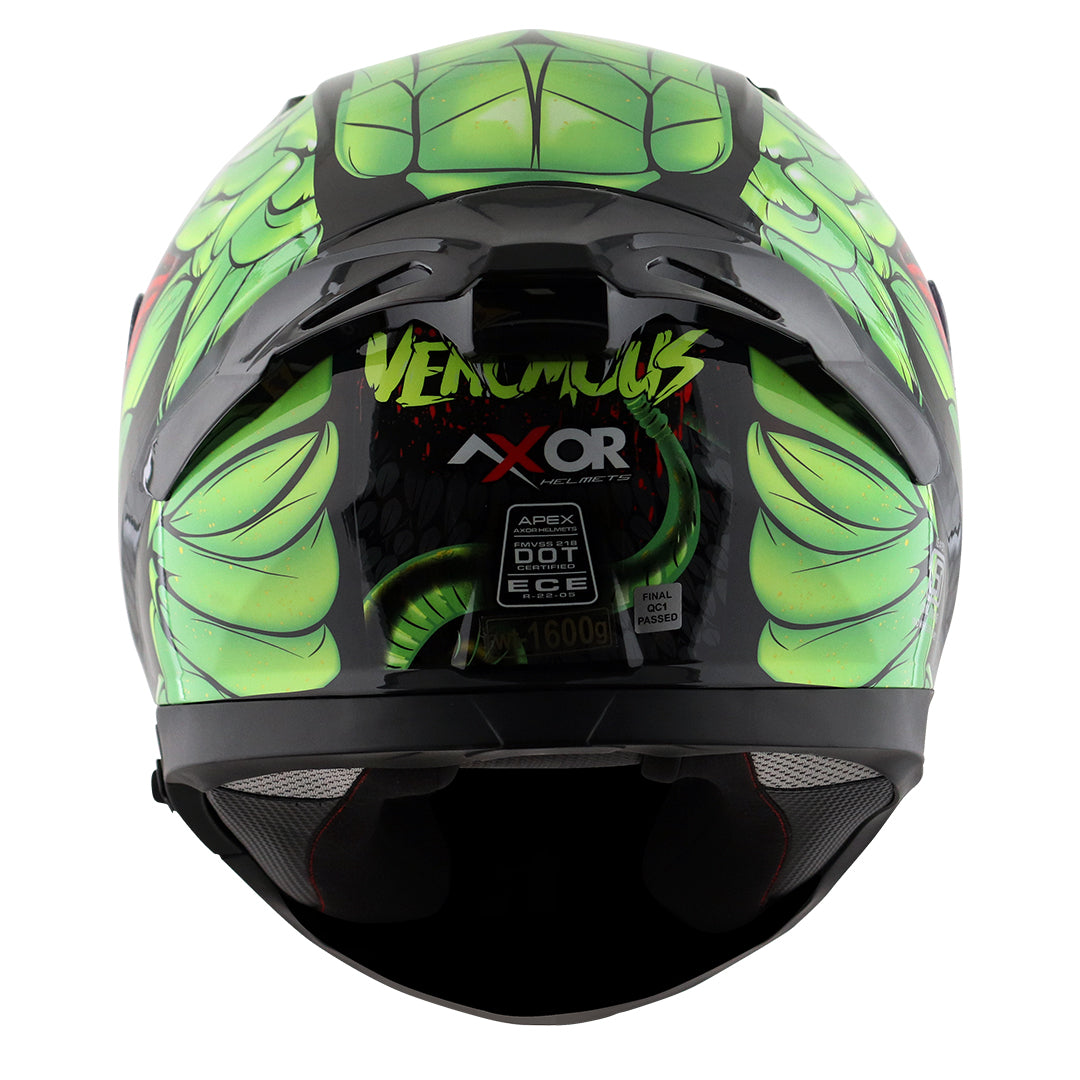 Motorcycle full face glossy black neon green red snake eyes and fangs graphic - ISI ECE