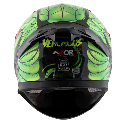 Motorcycle full face glossy black neon green red snake eyes and fangs graphic - ISI ECE