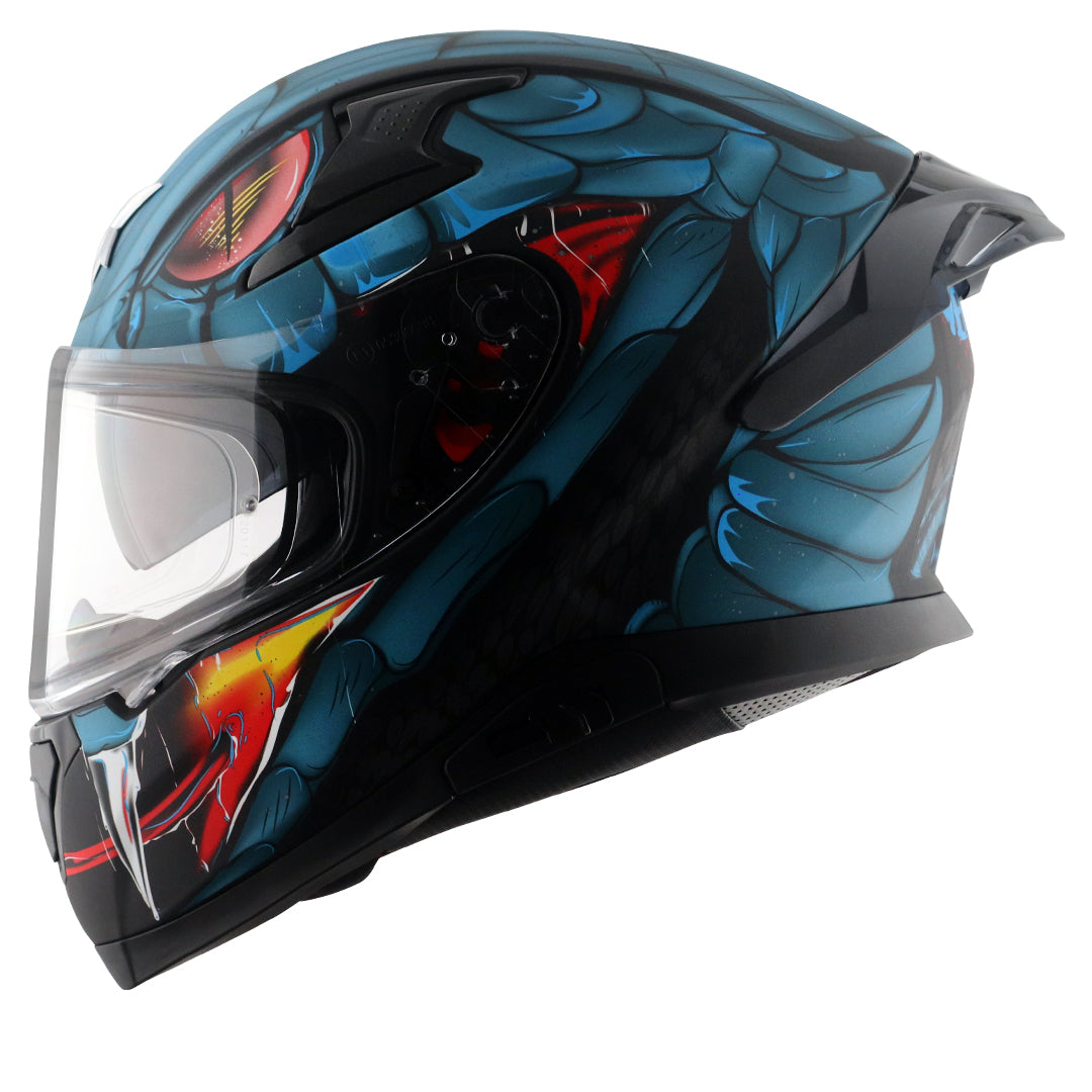 Motorcycle full face matt blue black red snake eyes and fangs graphic - ISI ECE