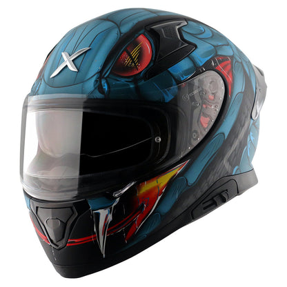 Motorcycle full face matt blue black red snake eyes and fangs graphic - ISI ECE