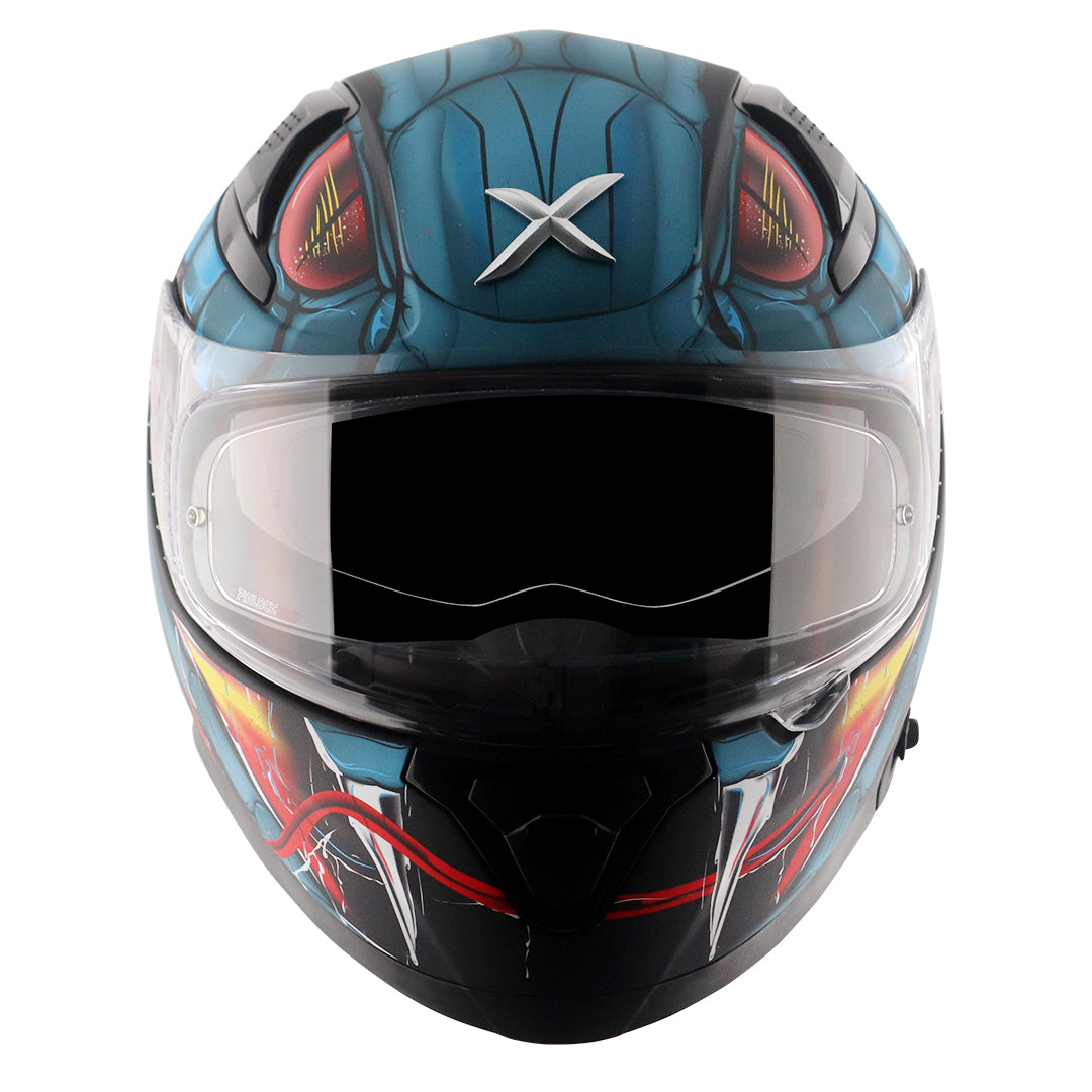 Motorcycle full face matt blue black red snake eyes and fangs graphic - ISI ECE