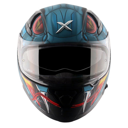 Motorcycle full face matt blue black red snake eyes and fangs graphic - ISI ECE